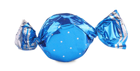 Candy in light blue wrapper isolated on whiteの写真素材