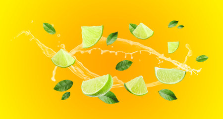 Pieces of lime, leaves and splashes of juice flying on orange background, banner designの写真素材