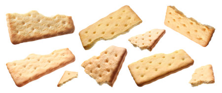 Pieces of delicious crackers isolated on white. Banner designの写真素材