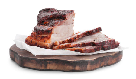 Pieces of tasty baked pork belly isolated on whiteの写真素材