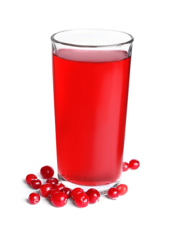 Tasty cranberry juice in glass and fresh berries isolated on whiteの写真素材
