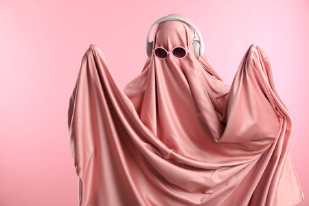 Glamorous ghost. Woman in sheet with sunglasses and headphones on pink backgroundの写真素材