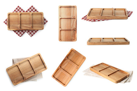 Wooden serving boards and napkins isolated on white, setの写真素材
