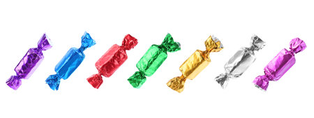 Tasty candies in bright wrappers isolated on white, setの写真素材