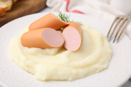 Delicious boiled sausages and mashed potatoes on table, closeupの写真素材