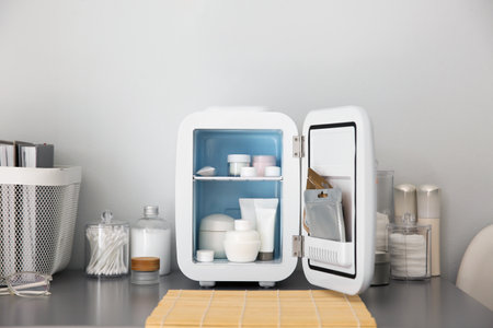 Mini refrigerator with cosmetic products on gray vanity table indoorsの写真素材