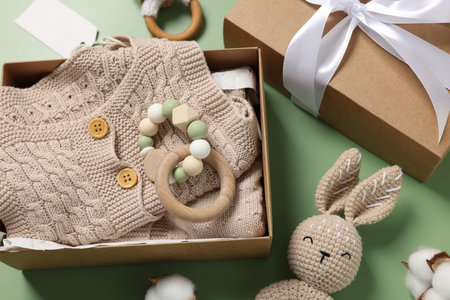 Flat lay composition with different baby accessories on green backgroundの写真素材
