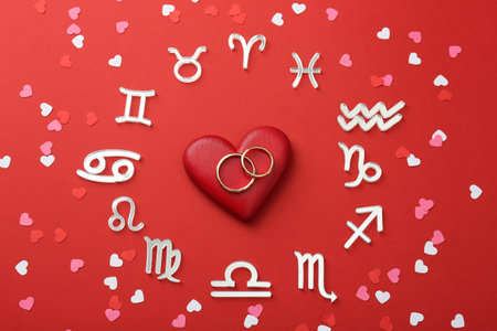 Zodiac signs, hearts and wedding rings on red background, flat layの写真素材