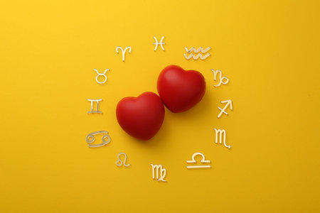 Zodiac signs and red hearts on yellow background, flat layの写真素材