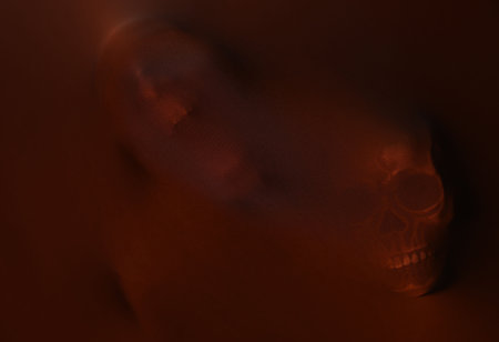 Silhouette of creepy ghost with skulls behind brown clothの写真素材