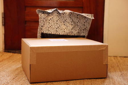 Delivery service. Plastic bag and cardboard on rug indoorsの写真素材