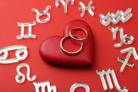 Zodiac signs, heart and wedding rings on red backgroundの写真素材