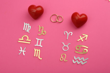 Zodiac compatibility. Signs, wedding rings and red hearts on pink background, flat layの写真素材