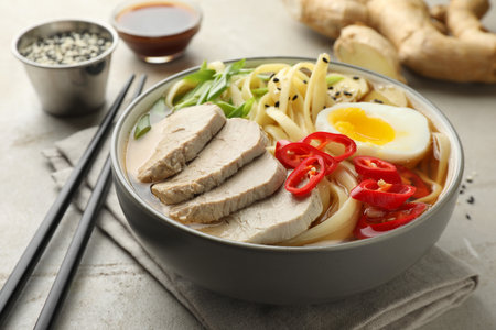 Delicious ramen in bowl and chopsticks on light textured table, closeup. Noodle soupの写真素材