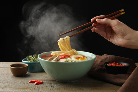 Woman eating delicious ramen with chopsticks at wooden table, closeup. Noodle soupの写真素材