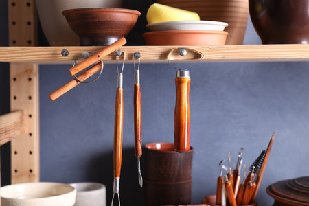 Set of different crafting tools and clay dishes on wooden rack in workshop, closeupの写真素材