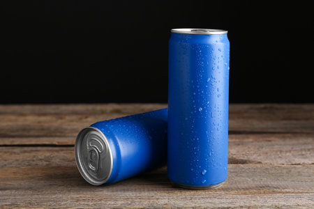Energy drinks in wet cans on wooden tableの写真素材