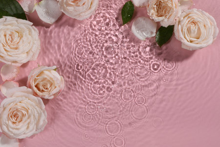 Beautiful roses, petals and leaves in water on pink background, top view. Space for textの写真素材