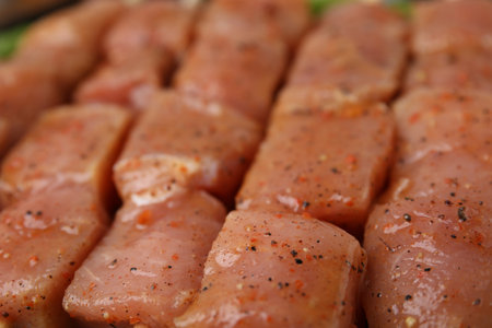 Cut raw marinated meat as background, closeupの写真素材