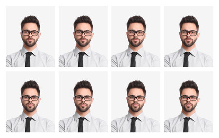 Passport photo, collage. Man on white background, set of photos
