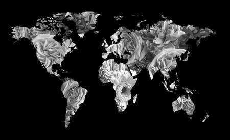 World map made of beautiful flowers on black background, black and white effect. Banner designの写真素材