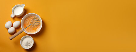 Metal whisk, beaten eggs, flour and milk on orange background, flat lay. Banner design with space...