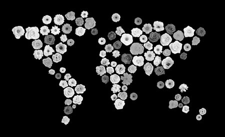 World map made of beautiful flowers on black background, black and white effect. Banner designの写真素材