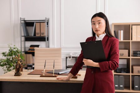 Portrait of notary with clipboard in office. Space for textの写真素材