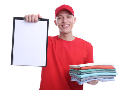 Dry-cleaning delivery. Happy courier holding folded clothes and clipboard on white background