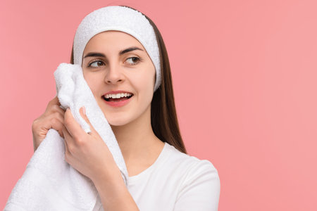 Washing face. Young woman with headband and towel on pink background, space for textの写真素材