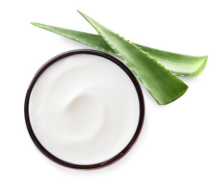 Moisturizing cream with extract of aloe vera. Jar and green aloe leaves on white backgroundの写真素材