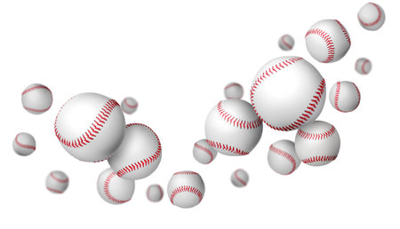 Many baseball balls falling on white backgroundの写真素材