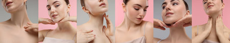 Woman with healthy skin on pink and gray backgrounds, set with photos