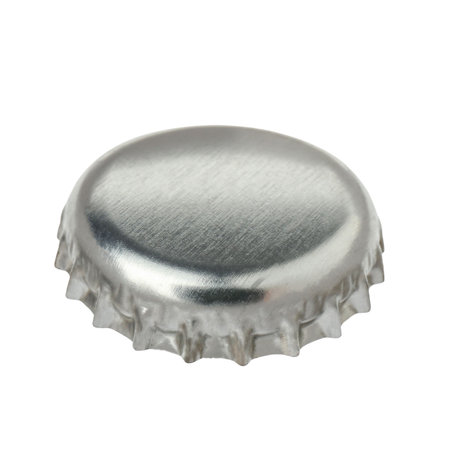 One silver beer bottle cap isolated on whiteの写真素材