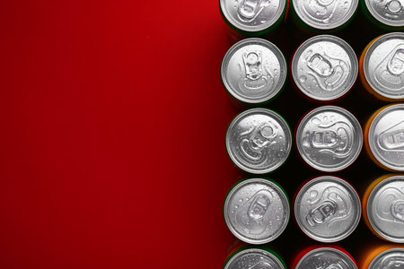 Energy drinks in wet cans on red background, top view. Space for text