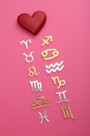 Zodiac compatibility. Signs with red heart on pink background, above viewの写真素材