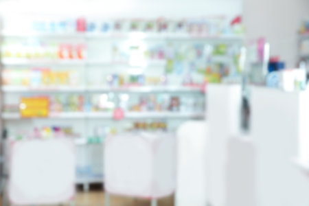 Pharmacy interior with different pharmaceuticals, blurred viewの写真素材