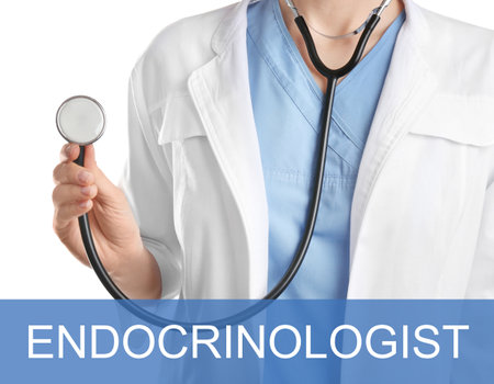 Endocrinologist with stethoscope on white background, closeupの写真素材