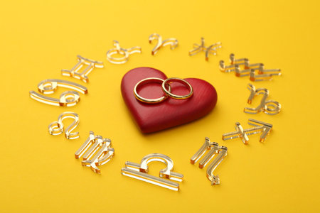 Zodiac signs, red heart and wedding rings on yellow backgroundの写真素材