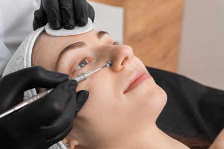 Cosmetologist using scrubber, closeup. Client having cleansing procedure