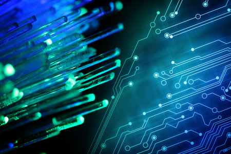 Optical fiber strands and circuit board on black background