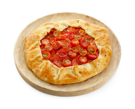 Tasty tomato galette (Caprese galette) isolated on whiteの写真素材