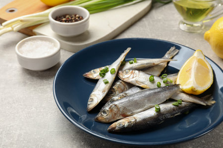 Fresh raw sprats, green onion, spices and cut lemon on gray table, closeupの写真素材