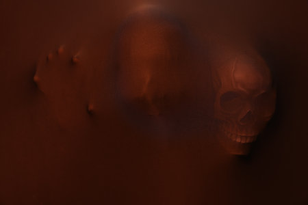 Silhouette of creepy ghost with skulls behind brown clothの写真素材