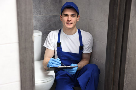 Smiling plumber writing results of examining toilet bowl in water closetの写真素材