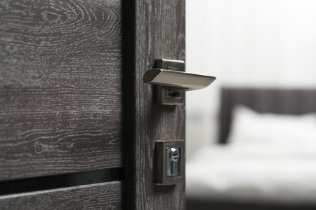 Open wooden door with metal handle, closeup