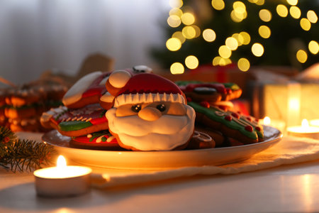 Decorated cookies on white table against blurred Christmas lightsの写真素材
