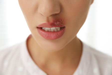Woman with herpes on lip against light background, closeupの写真素材