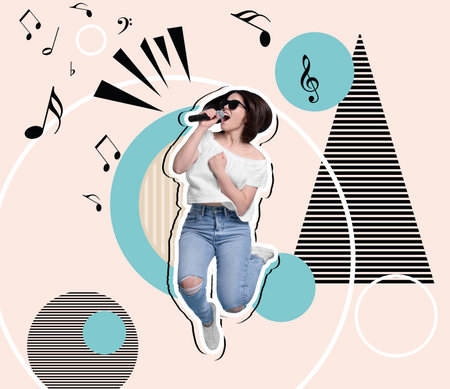 Creative collage for performance poster with woman singing and jumping on bright backgroundの写真素材