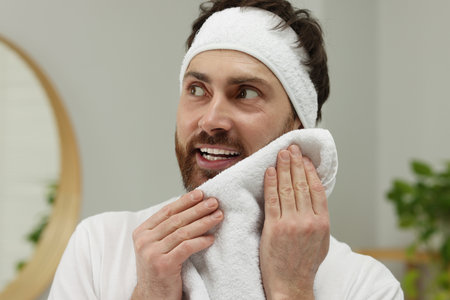 Washing face. Man with headband and towel in bathroomの写真素材